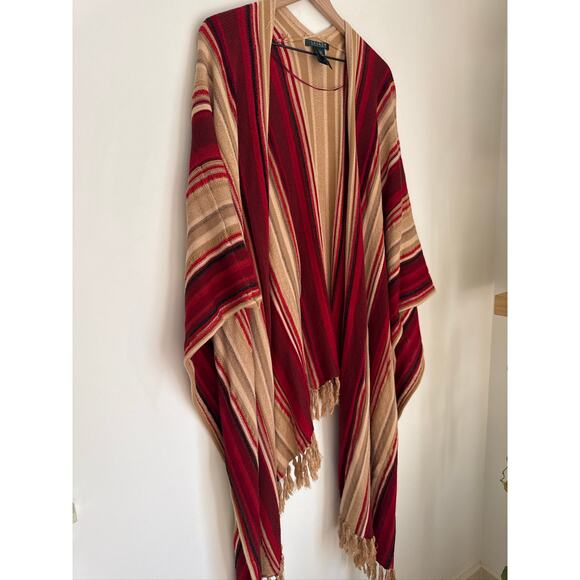 Lauren by Ralph Lauren VINTAGE Fringe Poncho Wrap in Red & Tan L/XL - Picture 6 of 7